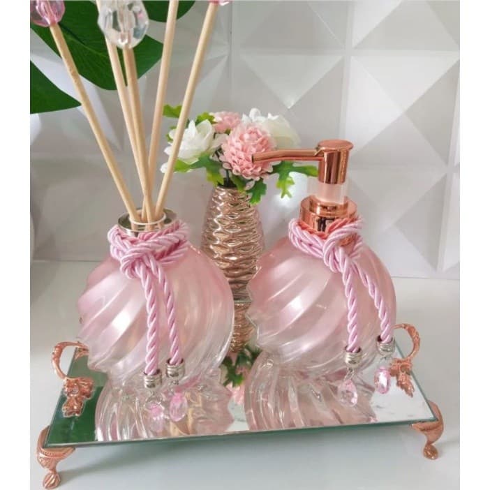 Kit Lavabo Frascos De Vidros Torcido Rose Válvula Luxo x Tampas Vaso Cerâmica Varetas etc