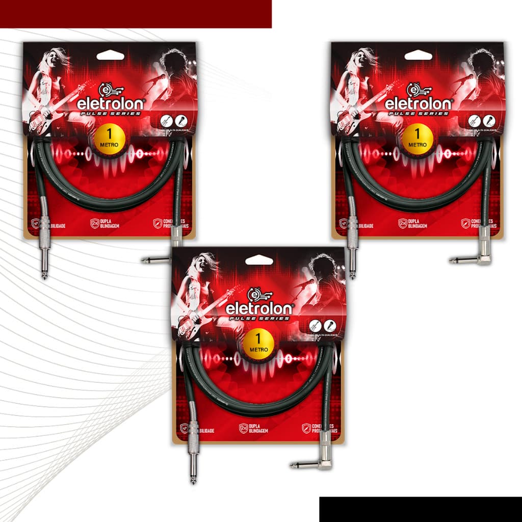 Kit 3 Cabo P10 Mono Para P10 Mono 90º Graus Violão Guitarra Baixo 1m Metro - Pulse Eletrolon