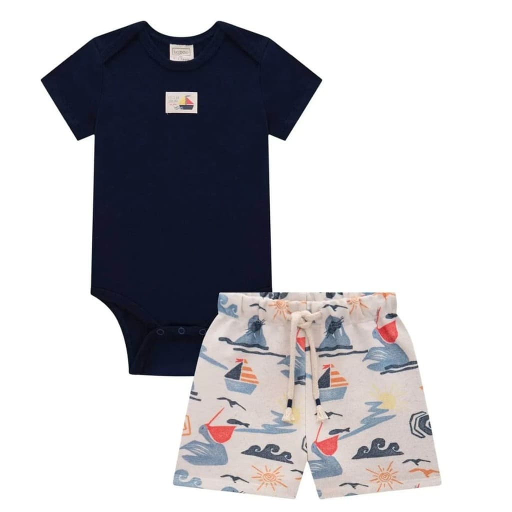 Conjunto Bebê Menino Body e Bermuda Moletom Linho sem Pelúcia  LucBoo
