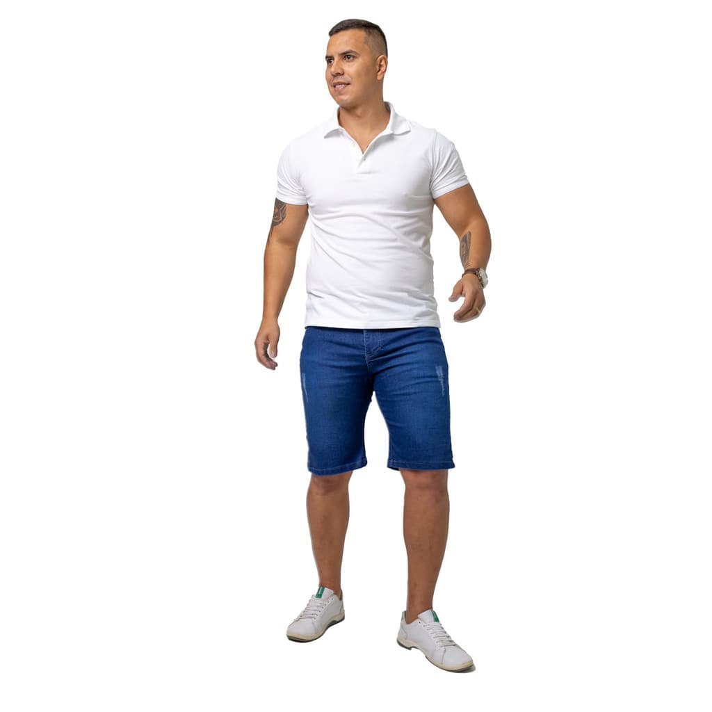 Bermuda Jeans Masculina Azul Puído- Elastano Estica Envio Imediato Shorts Jeans Masculino - Tendência