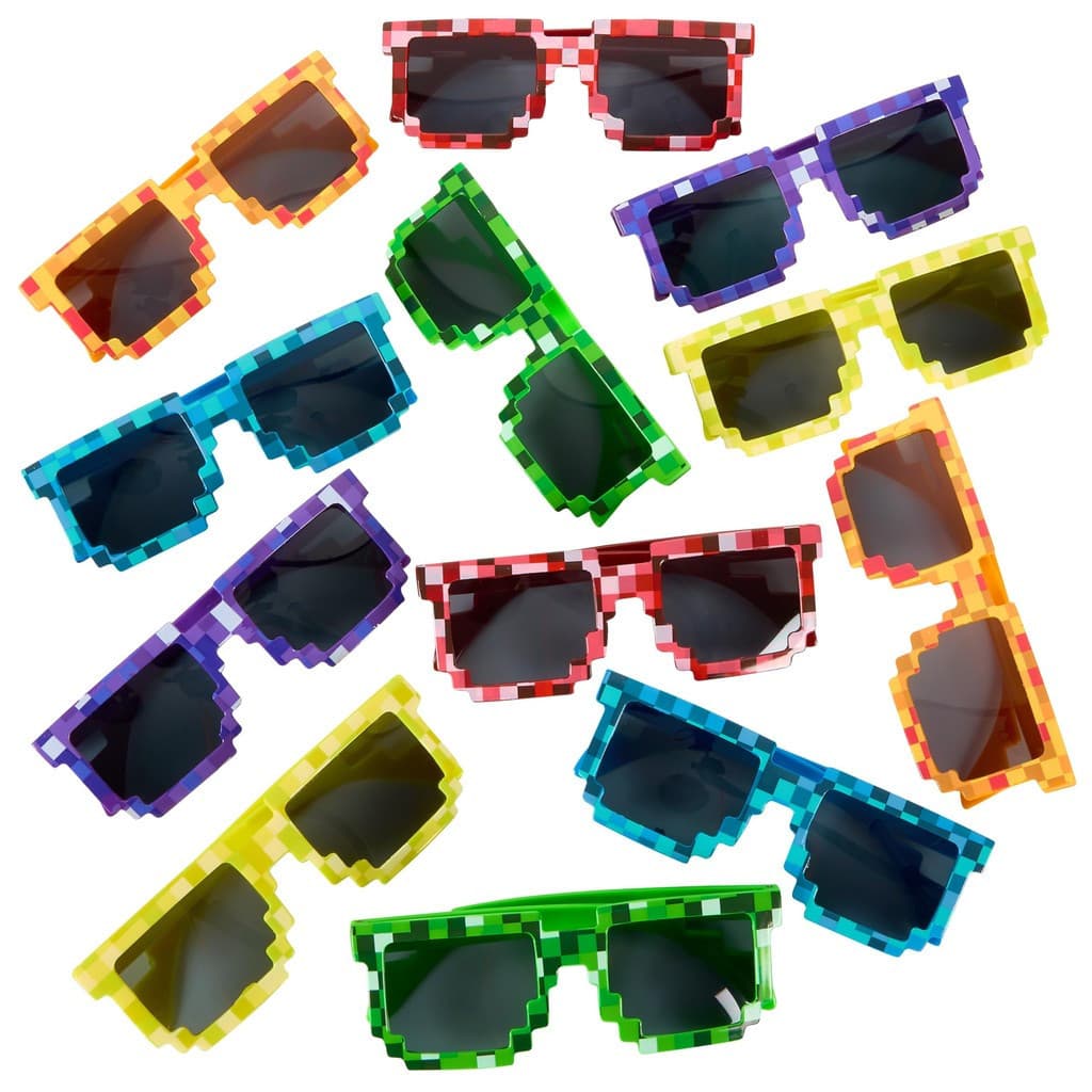Conjunto de 12 Óculos de Sol Pixel Coloridos, Quadrados (Amarelo x2, Verde Azul Laranja Vermelho Roxo x2)