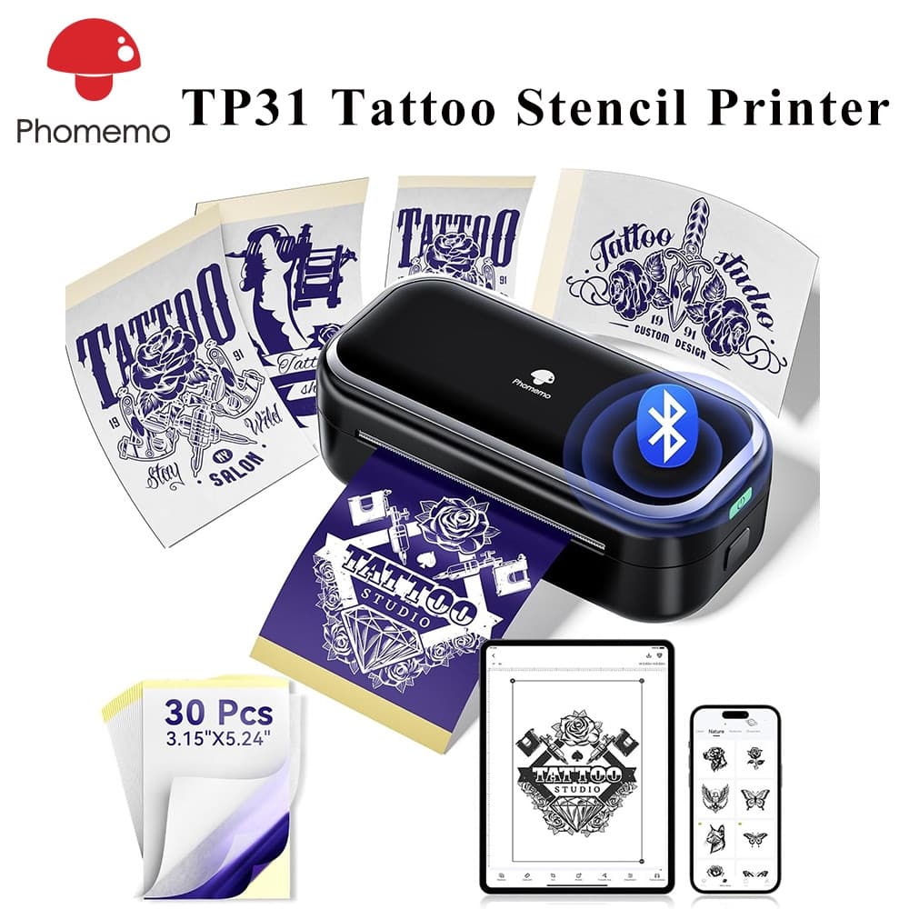 Impressora De Estêncil De Tatuagem Sem Fio Phoemo TP31 Com Papel De Transferência De 30 Unidades , Ótima Para Artistas E