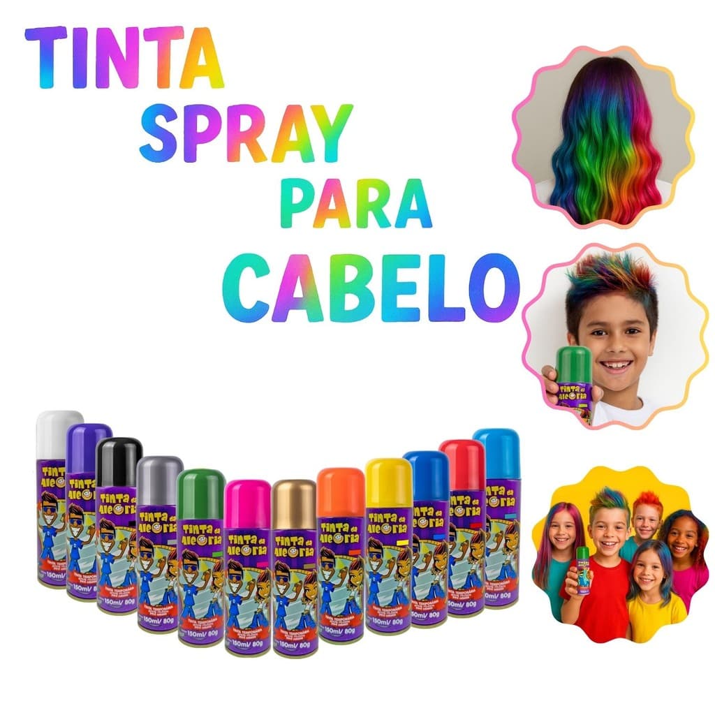 TINTA TEMPORÁRIA SPRAY 150MLPARA CABELO MALUCO HALLOWEEN FESTA INFANTIL CARNAVAL