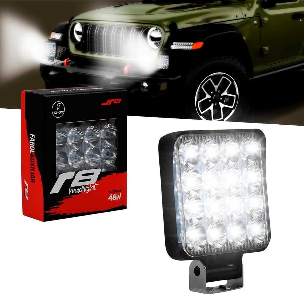 Farol Auxiliar LED 48W 16 Leds Quadrado Off Road 12V