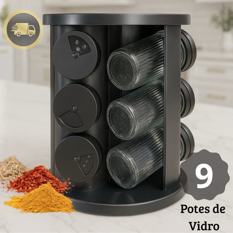 Porta Condimentos Temperos Giratório 9 Potes Vidro Organiza Armazena Conserva Temperos