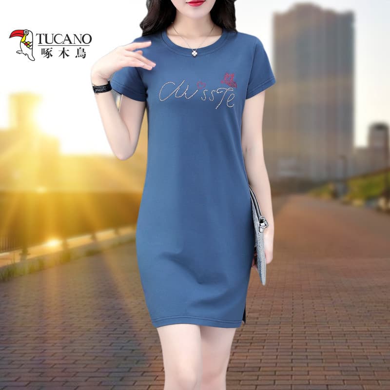 Casual impresso vestido feminino verão manga curta A linha saia elegante mais magro olhar saia azul