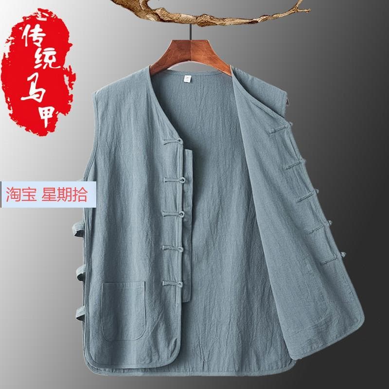 Verão de meia-idade idosos estilo fino coberto antigo Tang terno algodão linho colete masculino estilo chinês sem mangas