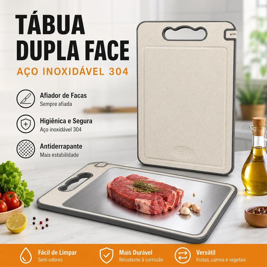 Placa De Corte Dupla Face Aço Inoxidável 304 Antimofo Antibacteriano 25x36,5cm Cinza Bege Prática e Durável para Cozinha