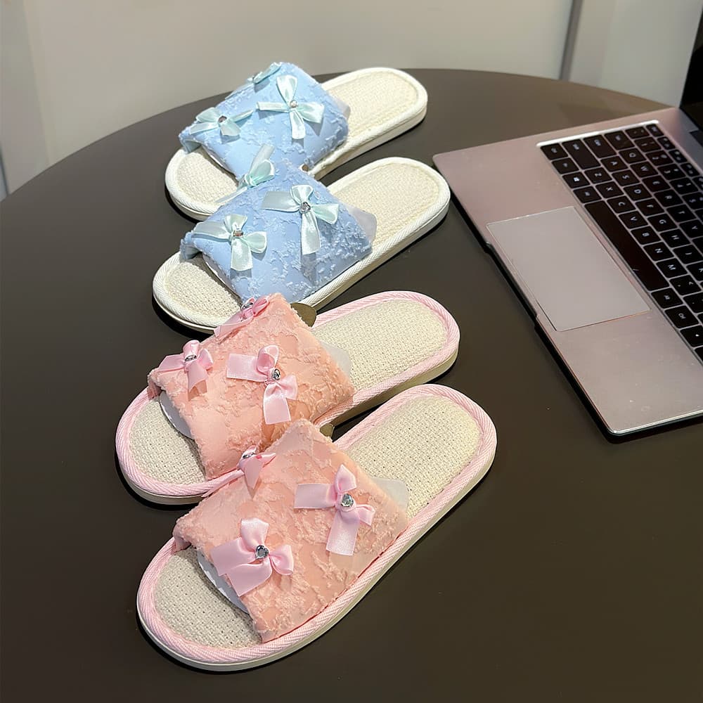 Estilo coreano doce flor quatro estações chinelos de linho feminino primavera outono interior antiderrapante sola macia