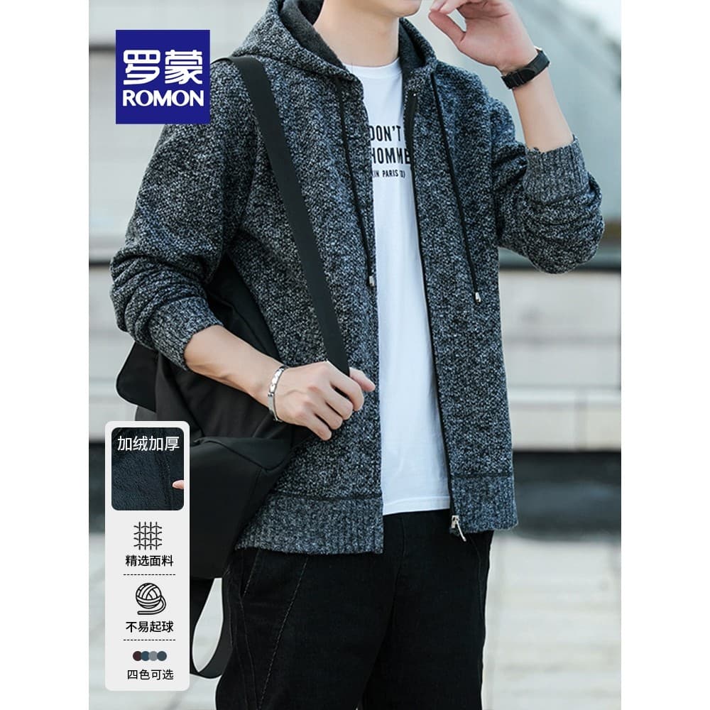 Lomon Cardigan Suéter Masculino 2024 Outono Inverno Novo Estilo Fleece-Fleece Suéter Com Capuz Malhas Casuais