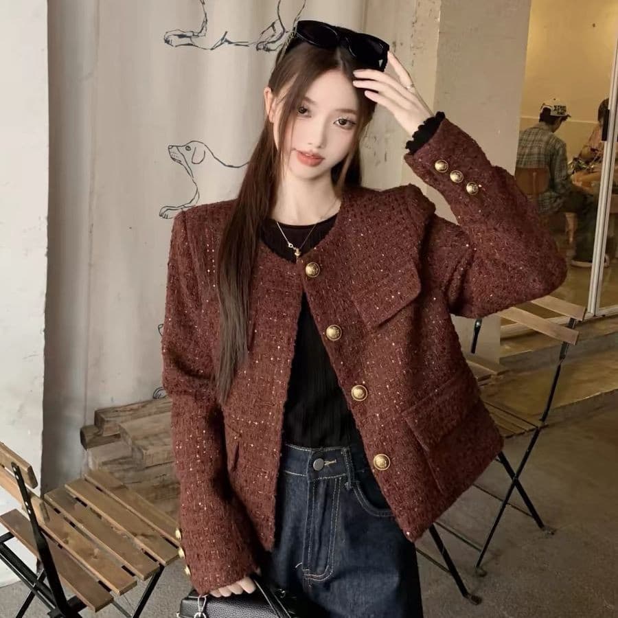 Casaco Curto de Tweed Solto Retro de Manga Longa para Primavera e Outono 2025 OOVZ MABO