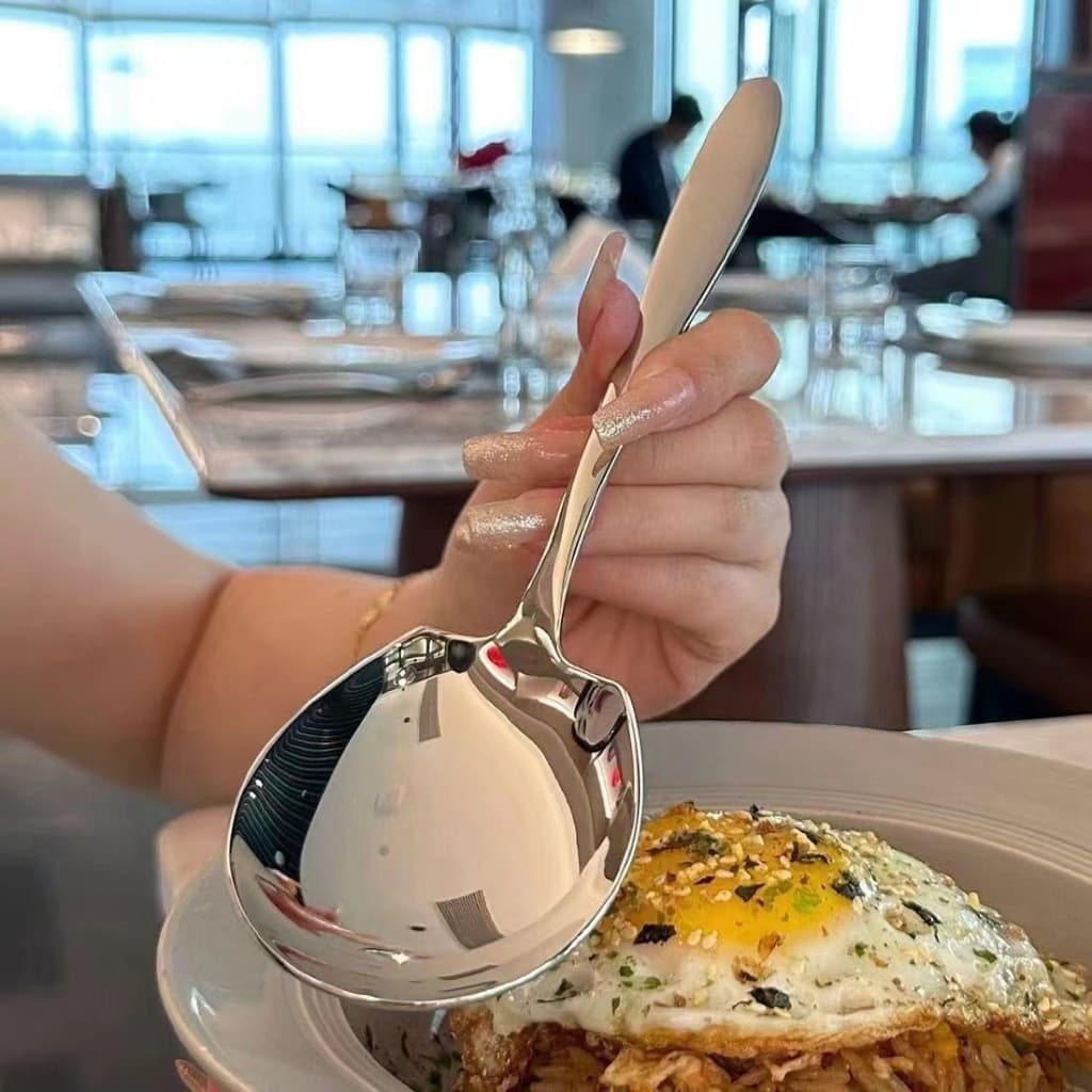 Colher de Aço Inoxidável Engrossar para Restaurante, Cabo Longo, Cabeça Redonda Grande, Porcionamento em Buffet