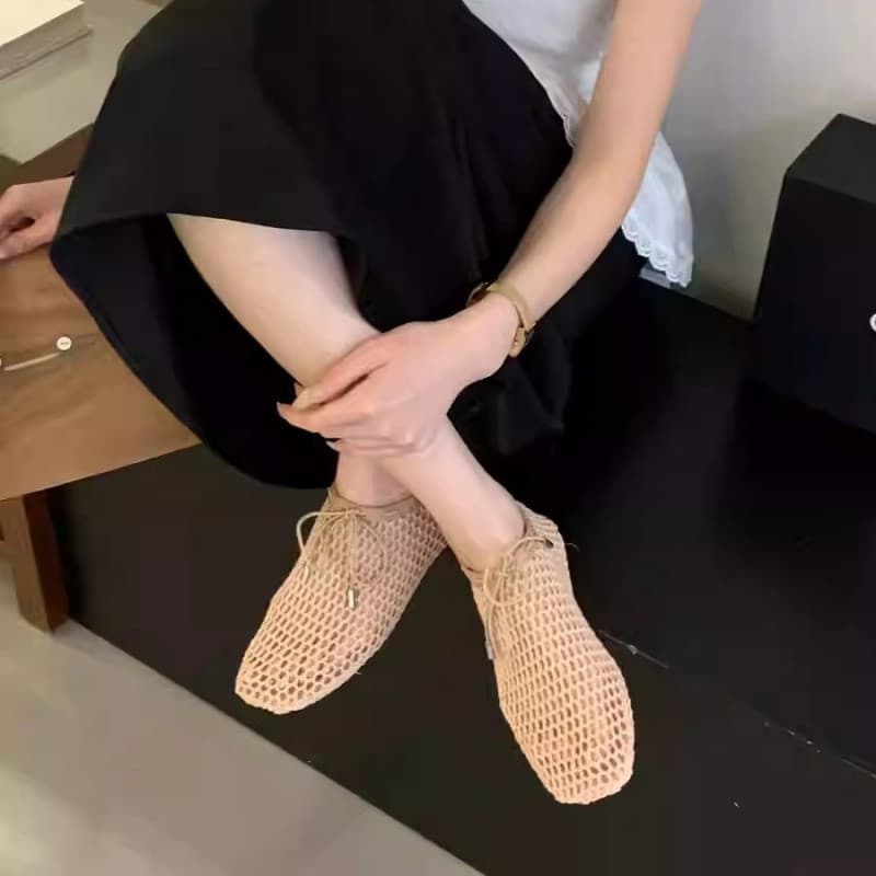 Estilo francês dedo do pé quadrado oco Fishnet tecido sapatos planos feminino 2026 novo estilo rendas respirável sola ma