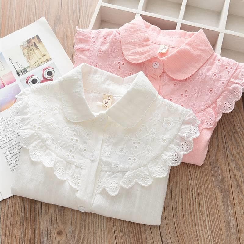 Meninas macias camisa de manga comprida crianças rendas lapela camisa médio grande camisa de fundo das crianças branco t