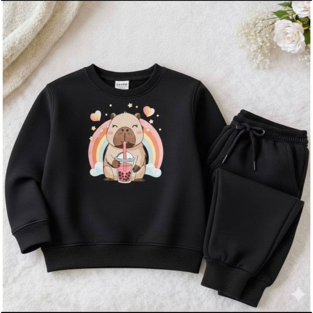 Conjunto Infantil Moletom Flanelado Capivara Bubble Tea Calça Blusa Frio Inverno Menina Menino Casual Confortável