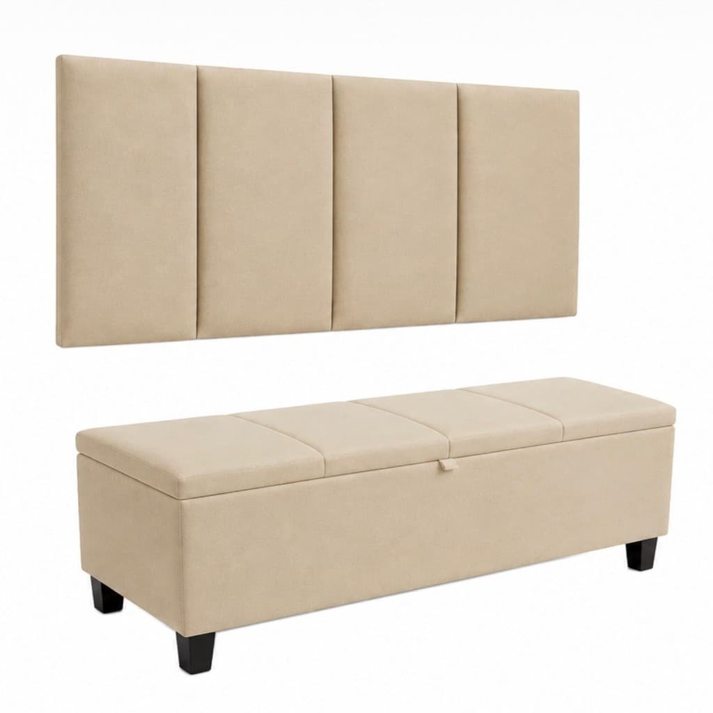 Conjunto Cabeceira e Calçadeira Baú Decorativa para Quarto Casal Elegante