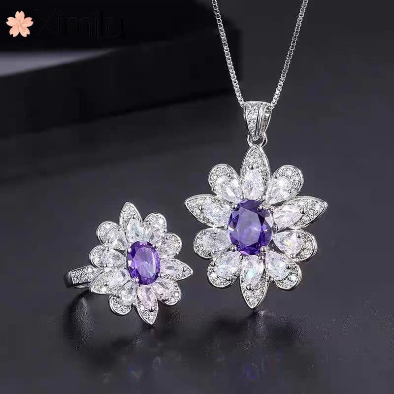 ❤ Luxo Original colorido tesouro roxo diamante conjunto de jóias requintado anel feminino temperamento All-Match colar e