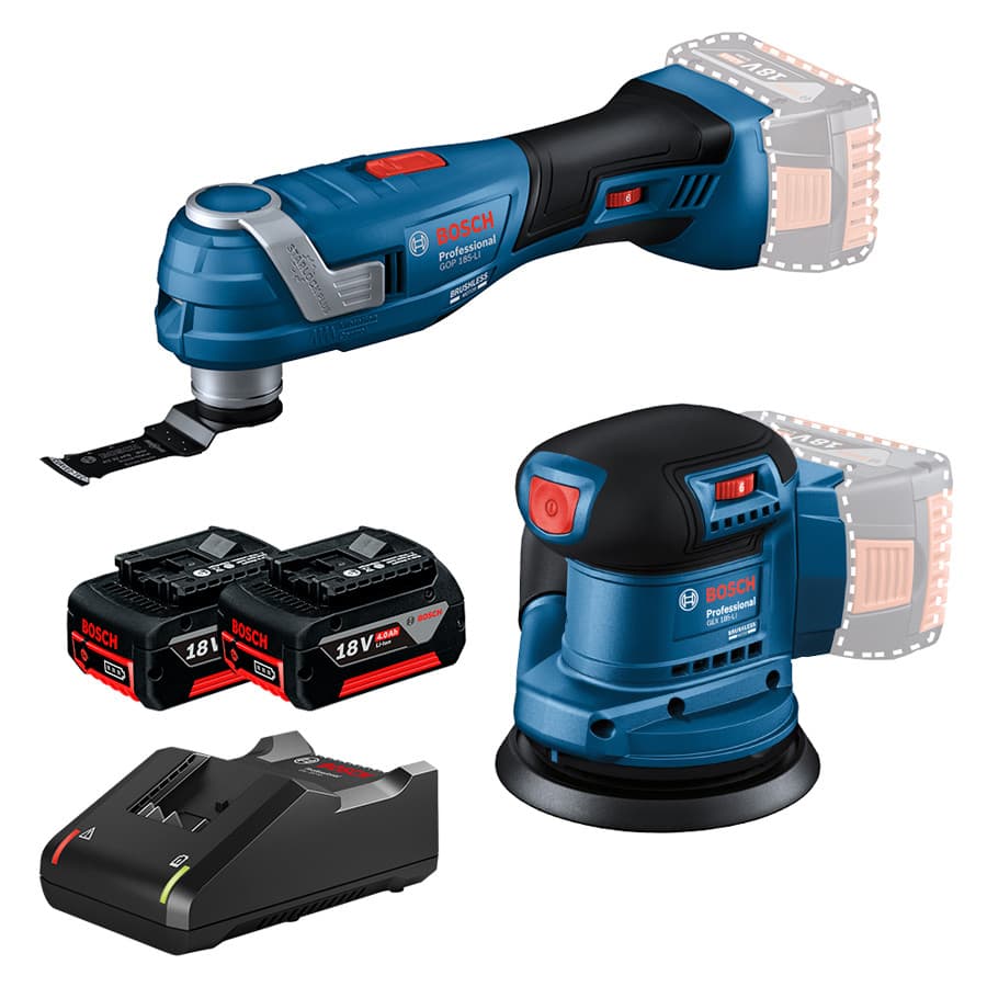 Kit Multicortadora Oscilante GOP 185-LI + Lixadeira Roto Orbital 5" GEX 185-LI + 2 Bateria 4Ah + Carregador Rápido Bosch