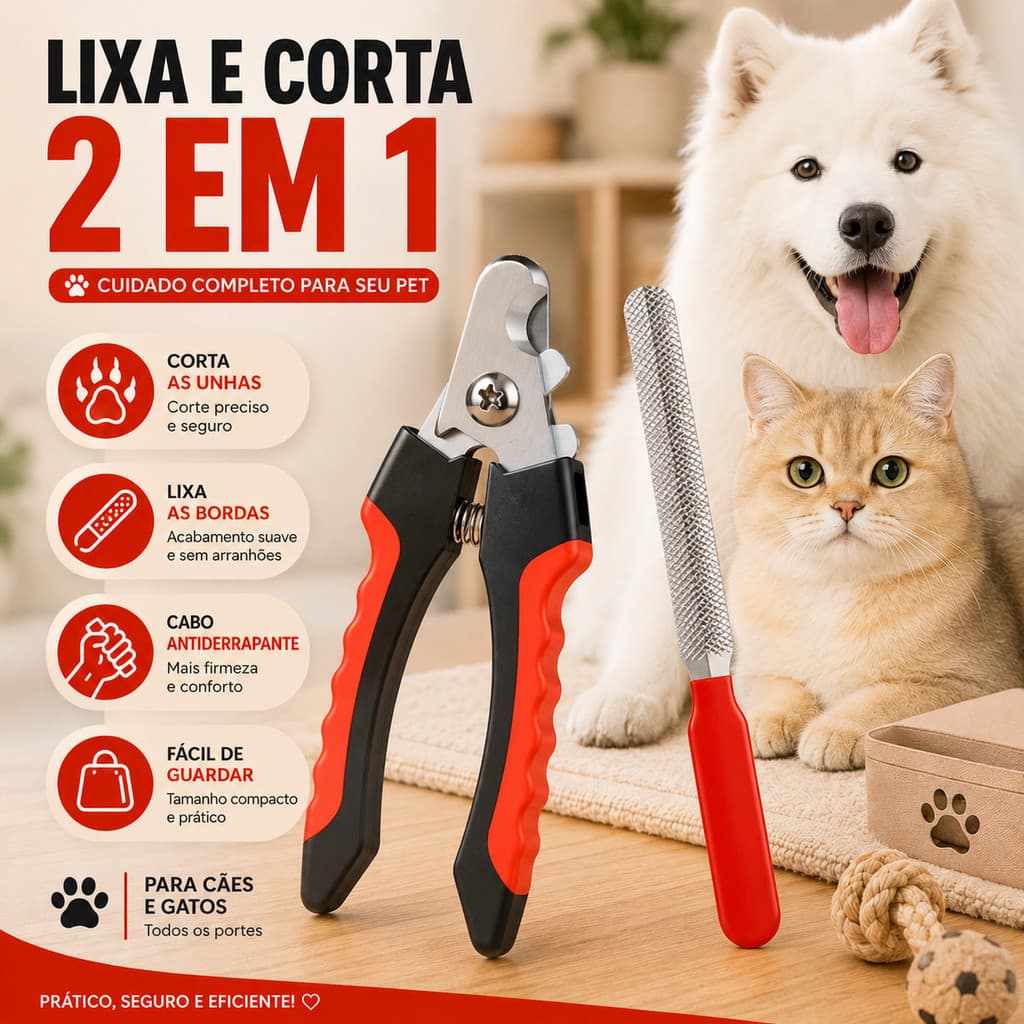 Kit Higiene Pet Alicate Cortador de Unhas com Lixa para Cães e Gatos Grande Porte Aço Inox Trava de Segurança Durável