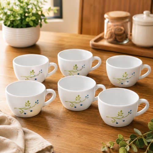 Conjunto 6 Xícaras Porcelana 130ml Design Tropical Elegante Branca Café Chá