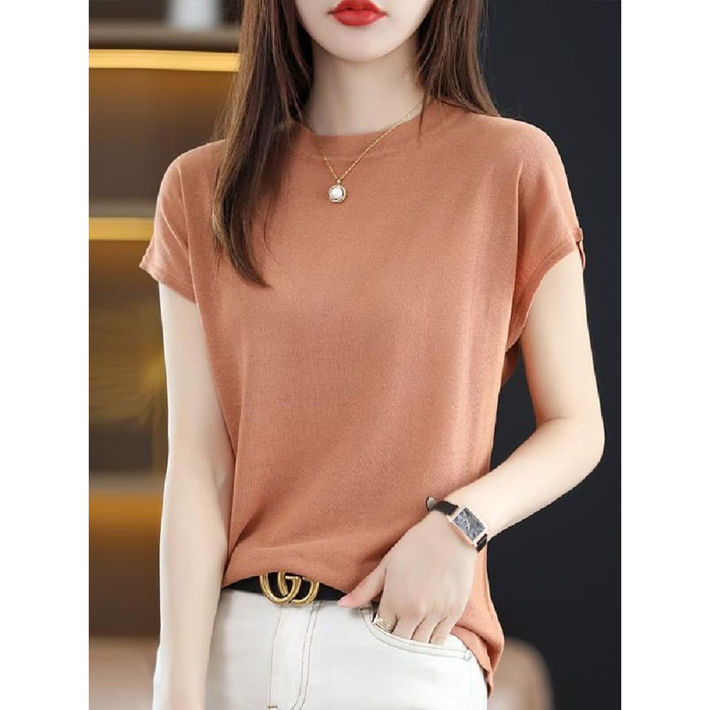 Top de seda gelo verão 2025 novo estilo versão coreana solto mais magro olhar de manga curta camiseta feminina camisa de