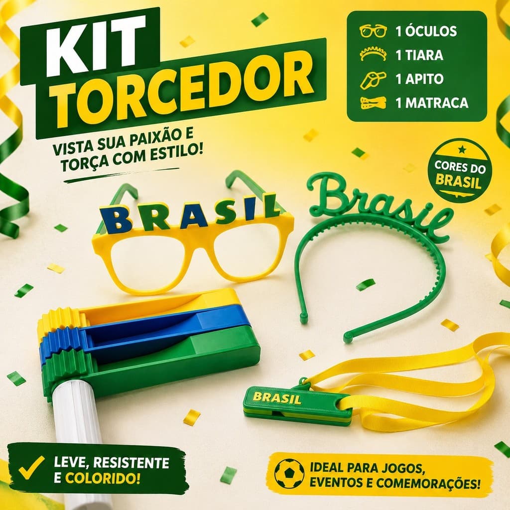 Kit Torcedor Brasileiro Óculos Tiara Apito Matraca Brasil Copa Barulho