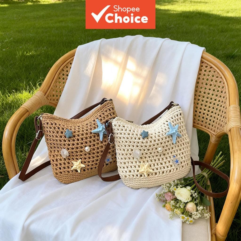 Bolsa de Crochê de Praia de Verão com Estrela-do-mar, Bolsa Tiracolo Mini Feita à Mão com Pérolas, Casual e Fofa