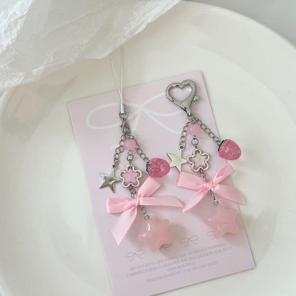 Charm de celular com contas e estrela fofa floral, estilo Y2K, pingente de bolsa para garotas modernas, chaveiro com laç