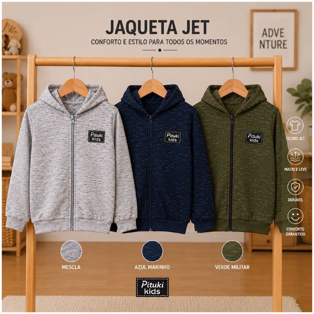 Kit 3 Jaquetas Moletom Infantil em malha JET Juvenil Menino Ziper Algodão