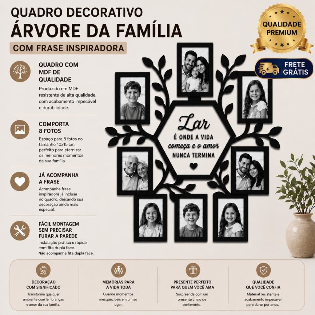 Quadro Árvore da Família para Sala e Quarto com 8 Molduras 10x15 - MDF Preto - Com Frase Lar