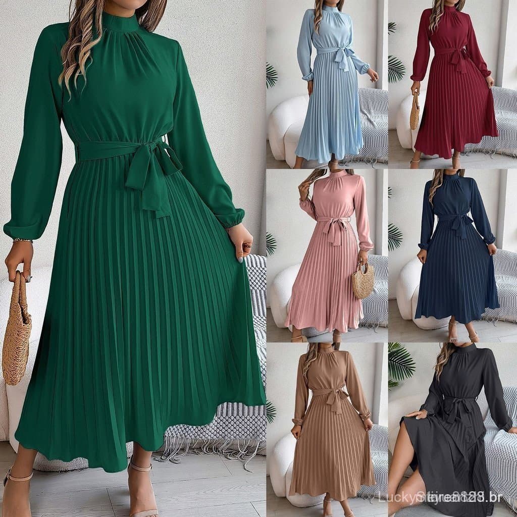 Elegante Vestido Longo Feminino de Outono e Inverno com Gola Alta, Manga Longa e Cintura Plissada OYLC XDTJ