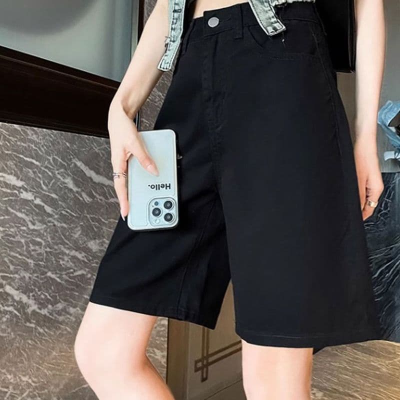 Preto de cinco pontos em linha reta Denim Shorts feminino verão 2026 novo estilo solto estiramento pequeno 5 pontos calç