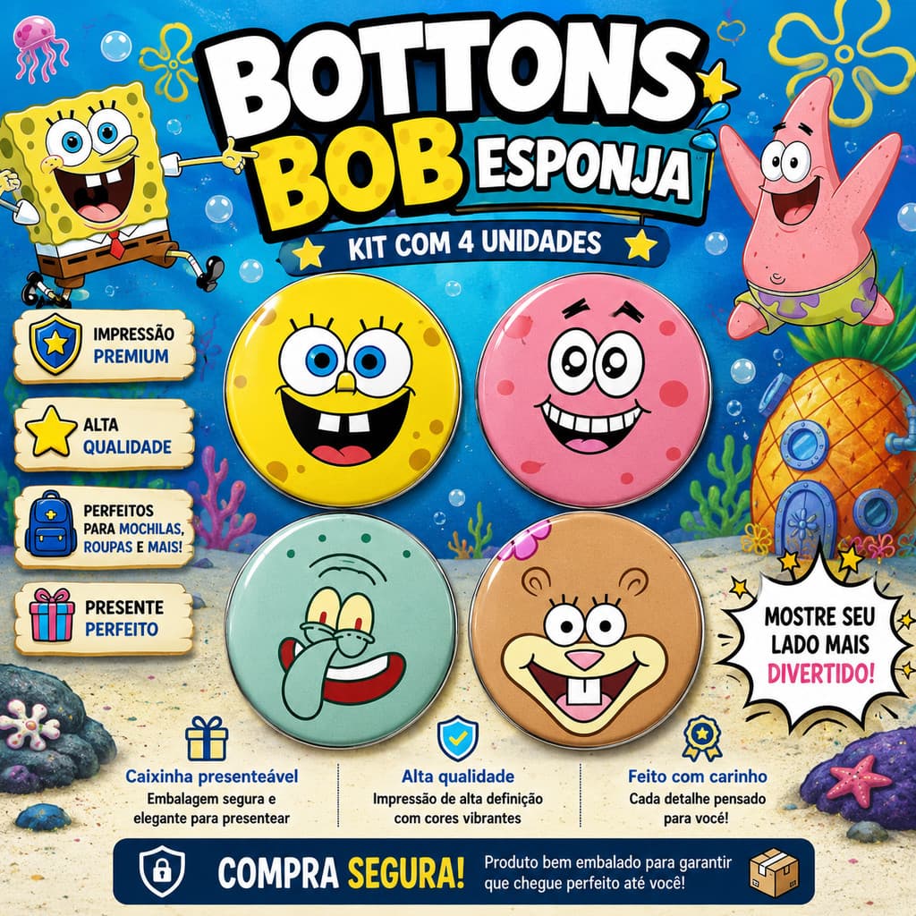 Kit 4 Bottons Bob Esponja  Botum Boton Broche Presente Bolsa Mochila Escolar Infantil Desenho