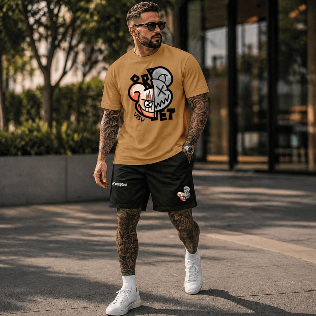 Kit Camiseta e Short Streetwear Conjunto Urso Compton Camisa de Algodão 26.1