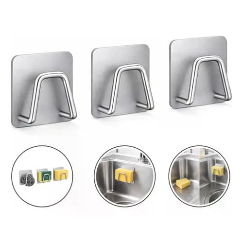 Kit 3 Suporte Inox Bucha Esponja Gancho Organizador Cozinha Prateado