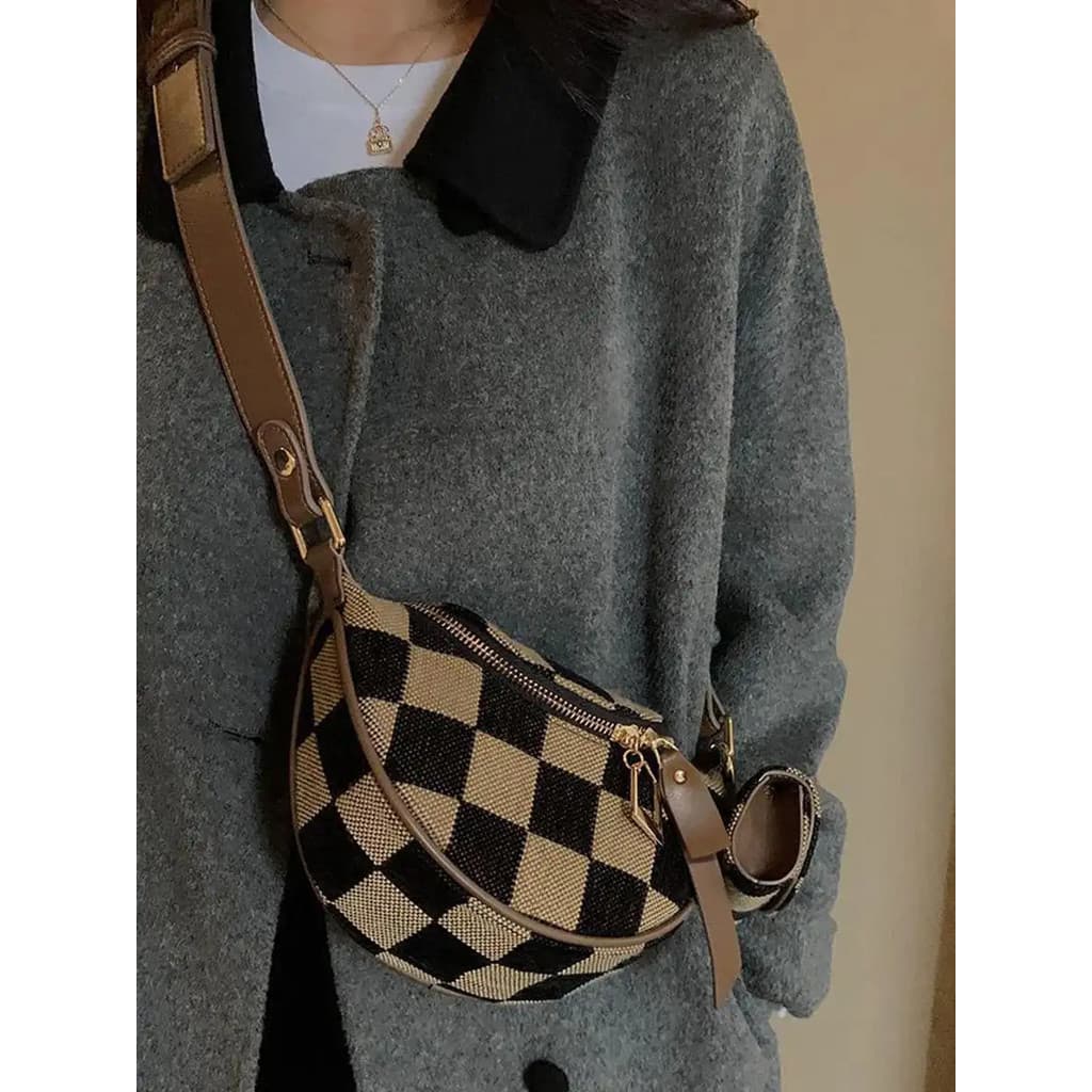 Bolsa de Cintura Feminina com Padrão Xadrez, com Compartimento para Fones de Ouvido, Bolsa de Cintura de Couro PU Elegan
