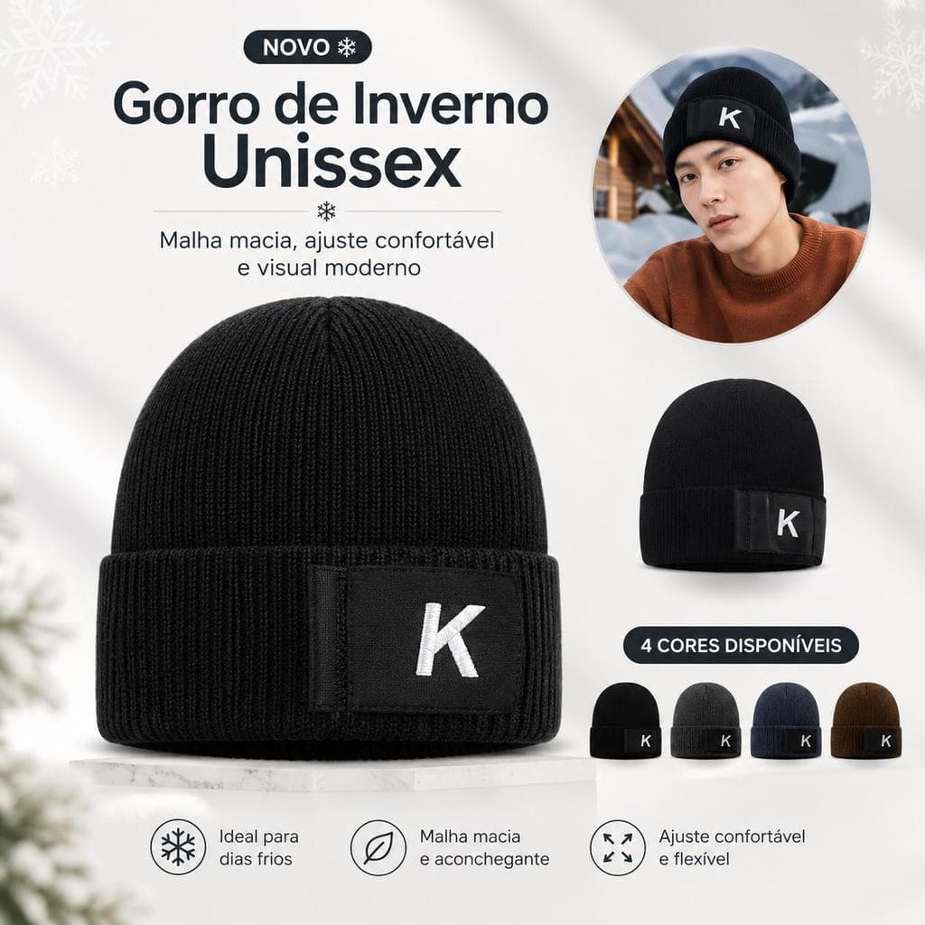 Gorro de Inverno Unissex com Letra K, Touca de Malha Canelada Macia, Ajuste Confortável, Ideal para Dias Frios
