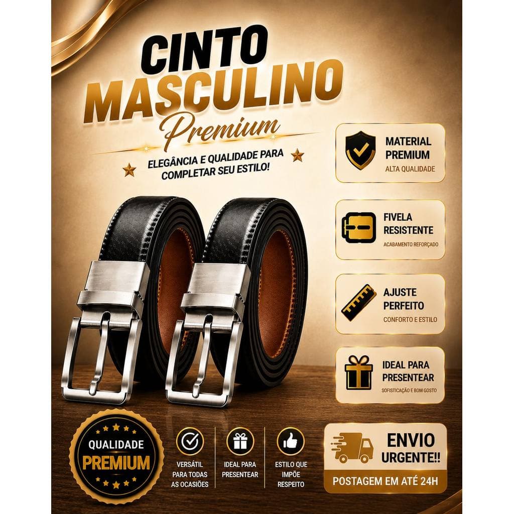 Cinto Masculino Couro Elegância e Conforto Dupla Face Ajuste Perfeito Reforçado, Discreto, Slim..
