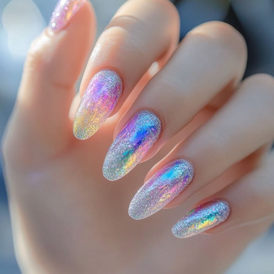 Comprimento médio usando unhas arco-íris mancha unhas falsas amêndoa unhas nuvem brocado vestindo unhas Manicure peças