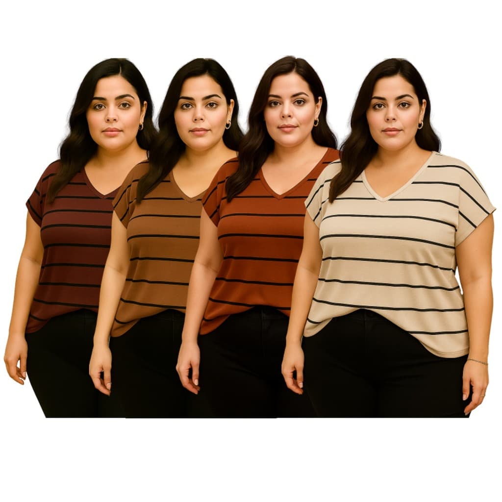 Blusa Plus Size Feminina Elegante Listrada Listras Social Moda Evangelica Gola V 2598