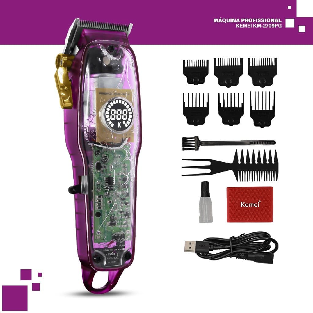 Maquina De Cabelo Corte e Acabamento Kemei 2709 Recarregável Profissional 6 Pentes Display Led Bateria