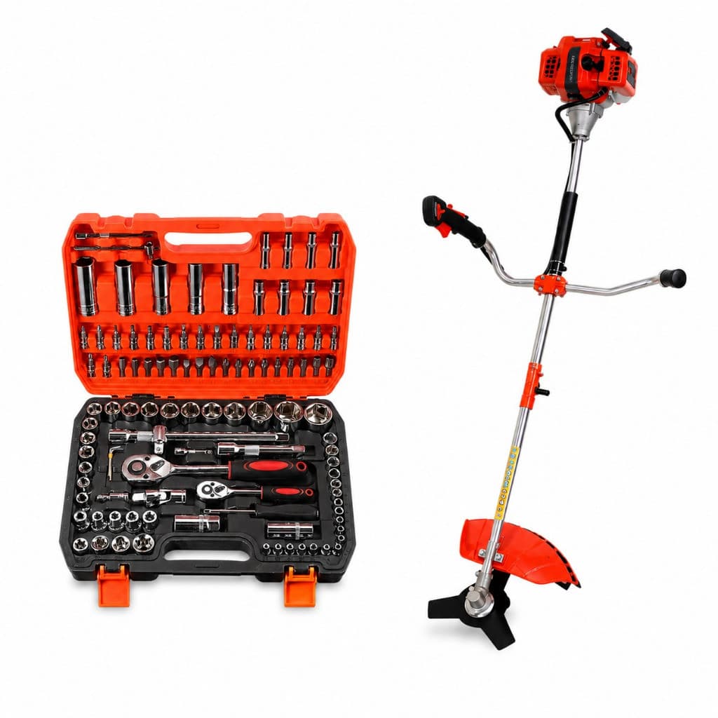 Roçadeira a Gasolina 75cc Profissional + Kit Soquete 108 peças Montagem e Manutenção Mecânica