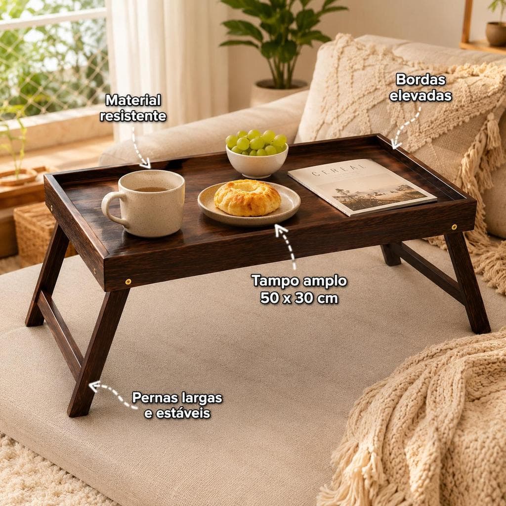 Mesa de Apoio de Bambu 50x30cm para Cama e Sofá, Bandeja Multiuso para Café, Leitura e Dia a Dia