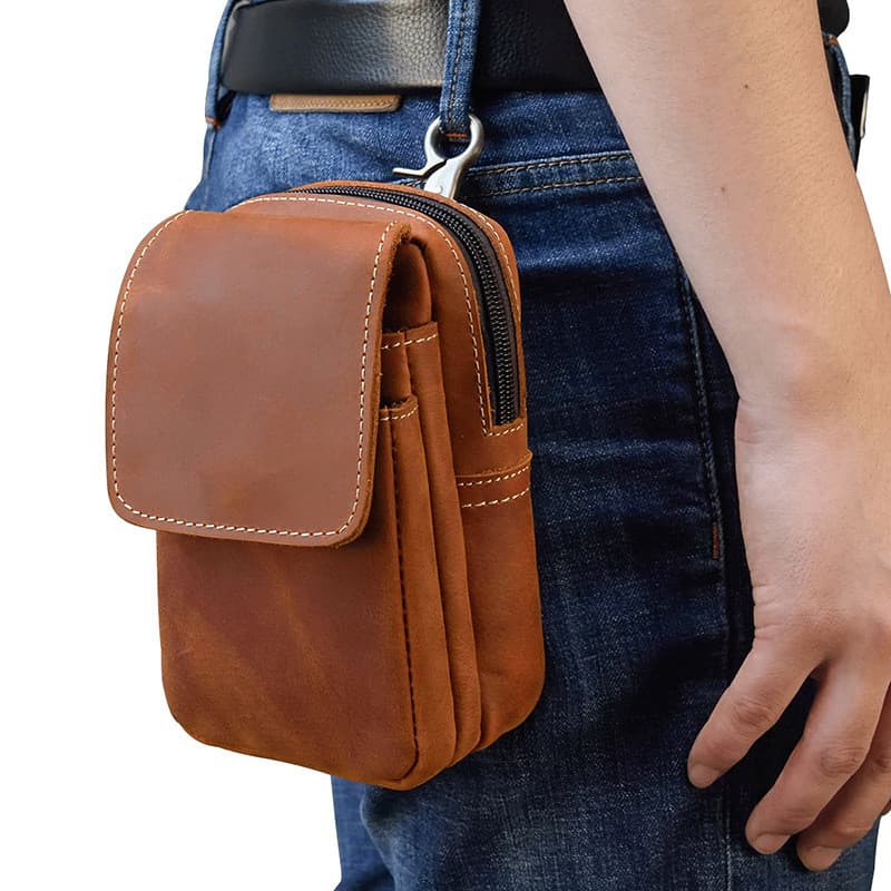 Bolsa de cintura masculina retrô de couro genuíno, bolsa de couro de cavalo louco, camada dupla, cinto de primeira camad