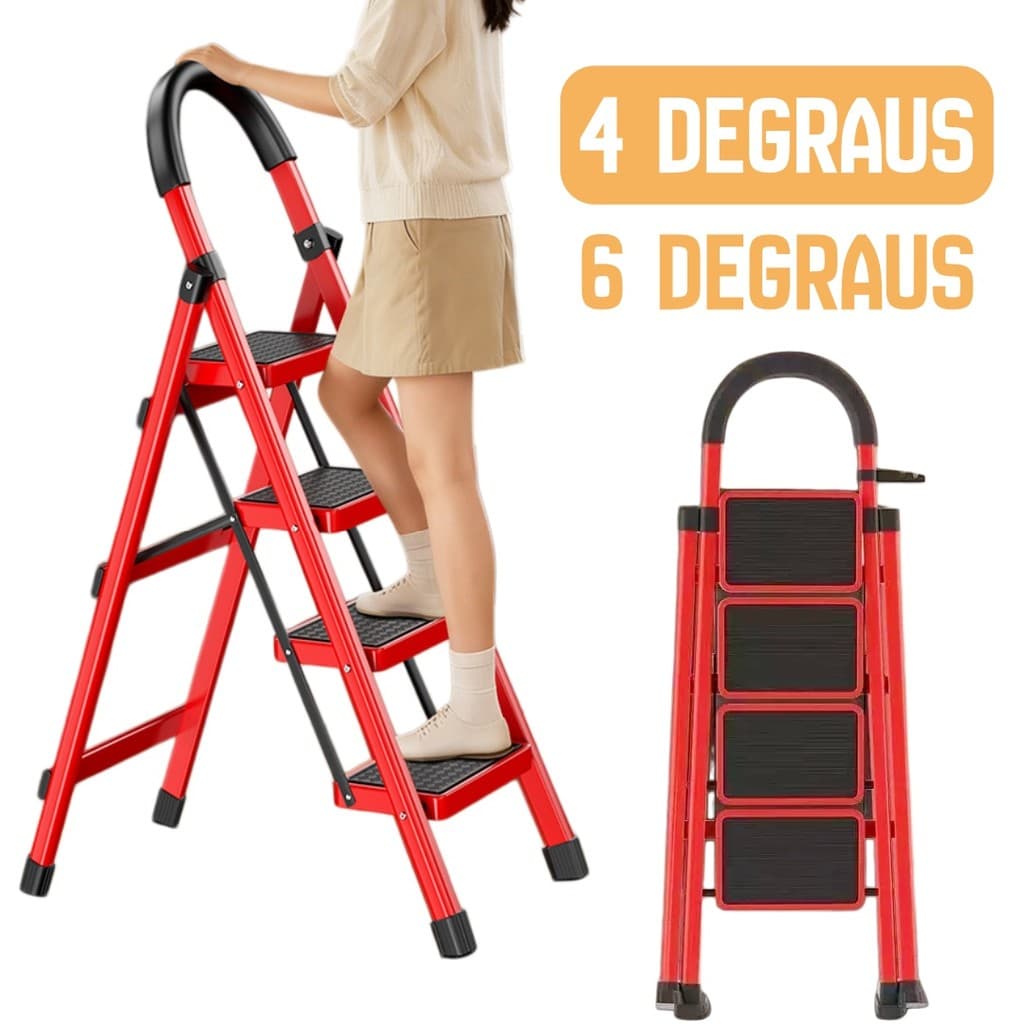 Escada de Aço Carbono 4/6 Degraus – 150kg, Reforçada, Antiderrapante – Portátil para Casa e Indústria