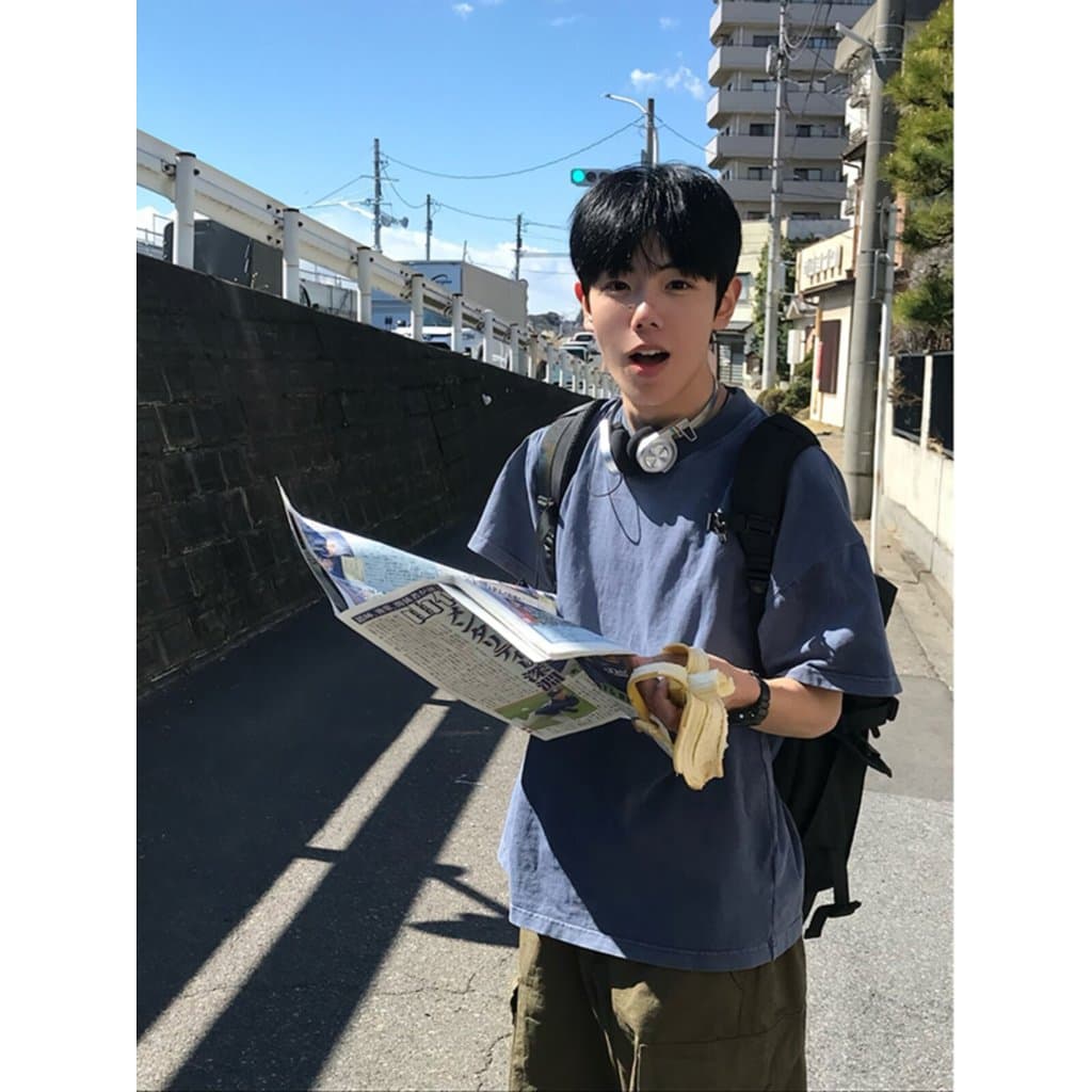 Camisa estampada Camiseta com estampa Camiseta básica Decote pequeno pesado azul marinho meninos japoneses mangas curtas