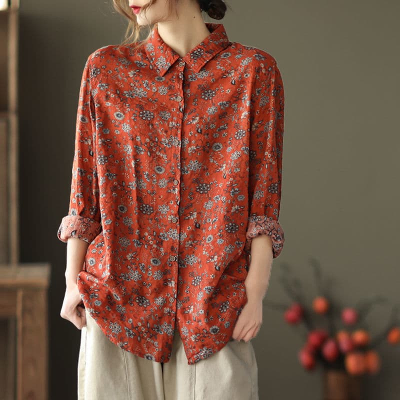 2022 primavera outono novo estilo Retro arte Floral de manga comprida camisa de algodão puro senhoras Casual All-Match s