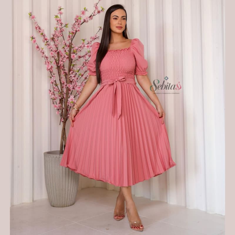 Vestido Plissado Liso Midi Feminino Manga Bufante Romântico, Elegante e Confortável Plus Size