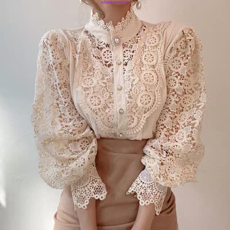 Csa De Gola Rulê Chiffon Botão Chique Elegante Floral Renda Fofa Manga Longa Top Moda Oco Oversize Blusa Branca