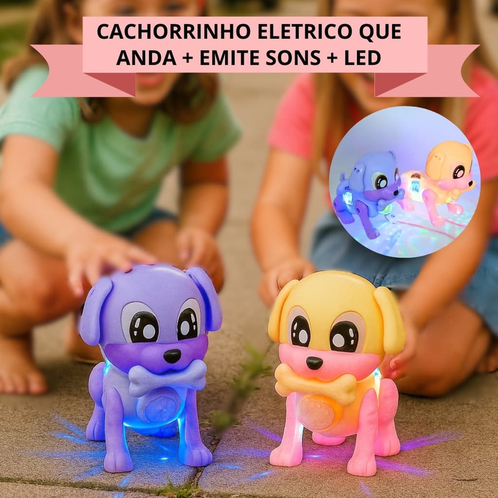 Brinquedo Cachorrinho Robo que Anda Sozinho Interativo com Led, Música e Coleira